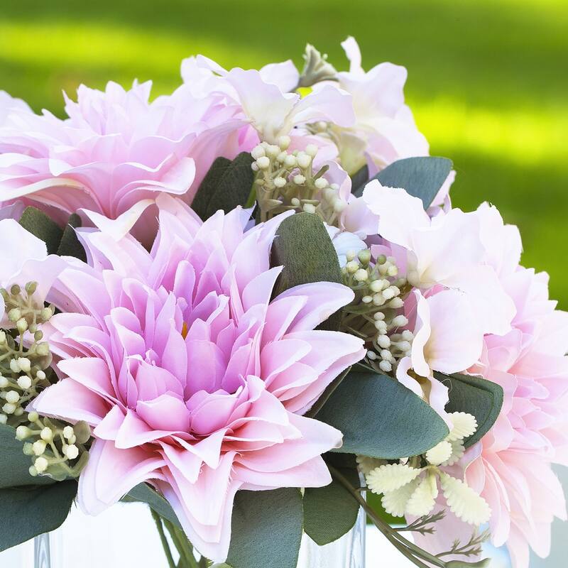 Enova Home Mixed Artificial Silk Dahlia Faux Flowers Arrangement in Cube Glass Vase with Acrylic Water for Home Office Decor