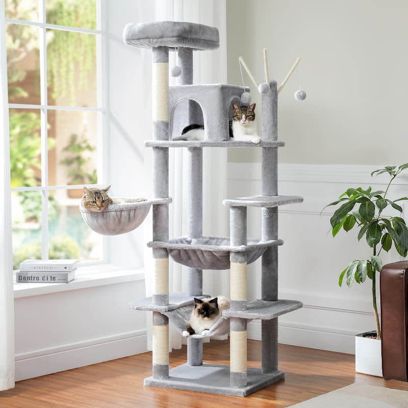 69" Tall Cat Tree Large Cat Tower with Super Big Hammock, Scratching Posts, Condo House and Large Top Perch - Grey