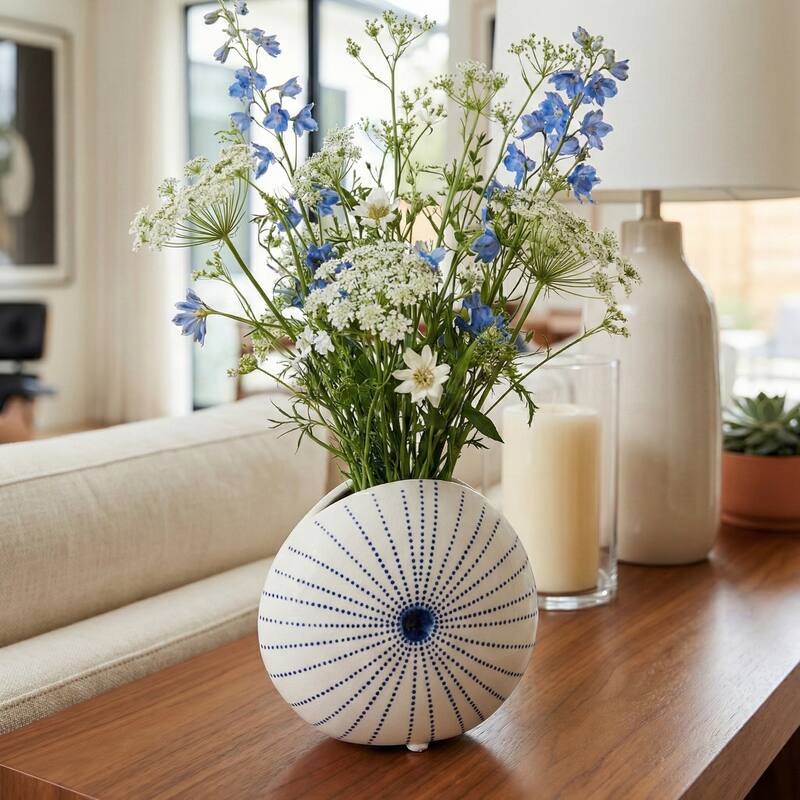 Round Shell Ceramic Vase - Stylish Dotted Pattern Flower Vase - White - 4.75"