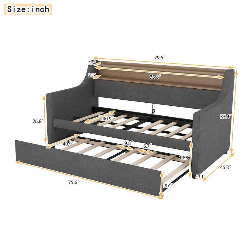GDFStudio - Bellamy Daybed with Trundle, Upholstered Daybed with Charging Station and LED Lights