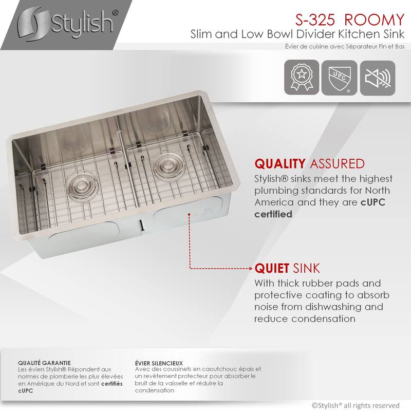 STYLISH 32 L inches x 18 W inches Stainless Steel Double Basin Low Divider Undermount Kitchen Sink with Grids and Strainers