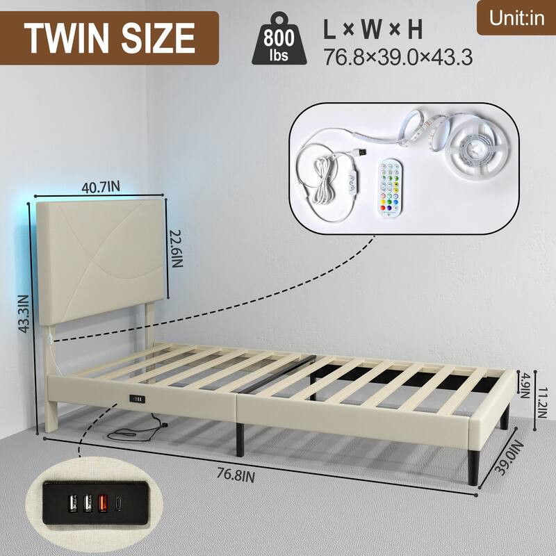 Homy Casa Platform Bed with LED Headboard & Charging Ports