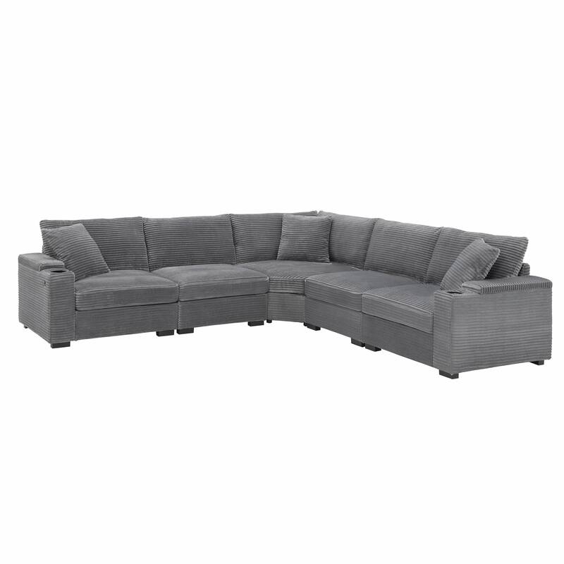Roomfitters 106'' Convertible L-Shaped Sectional Sofa, Corduroy Corner Couch with Armrest Storage, Cup Holders, USB Charger