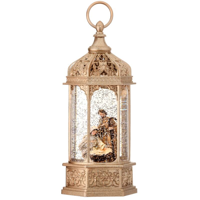 11.5" Gold LED Lighted Nativity Byzantine Lantern Christmas Snow Globe