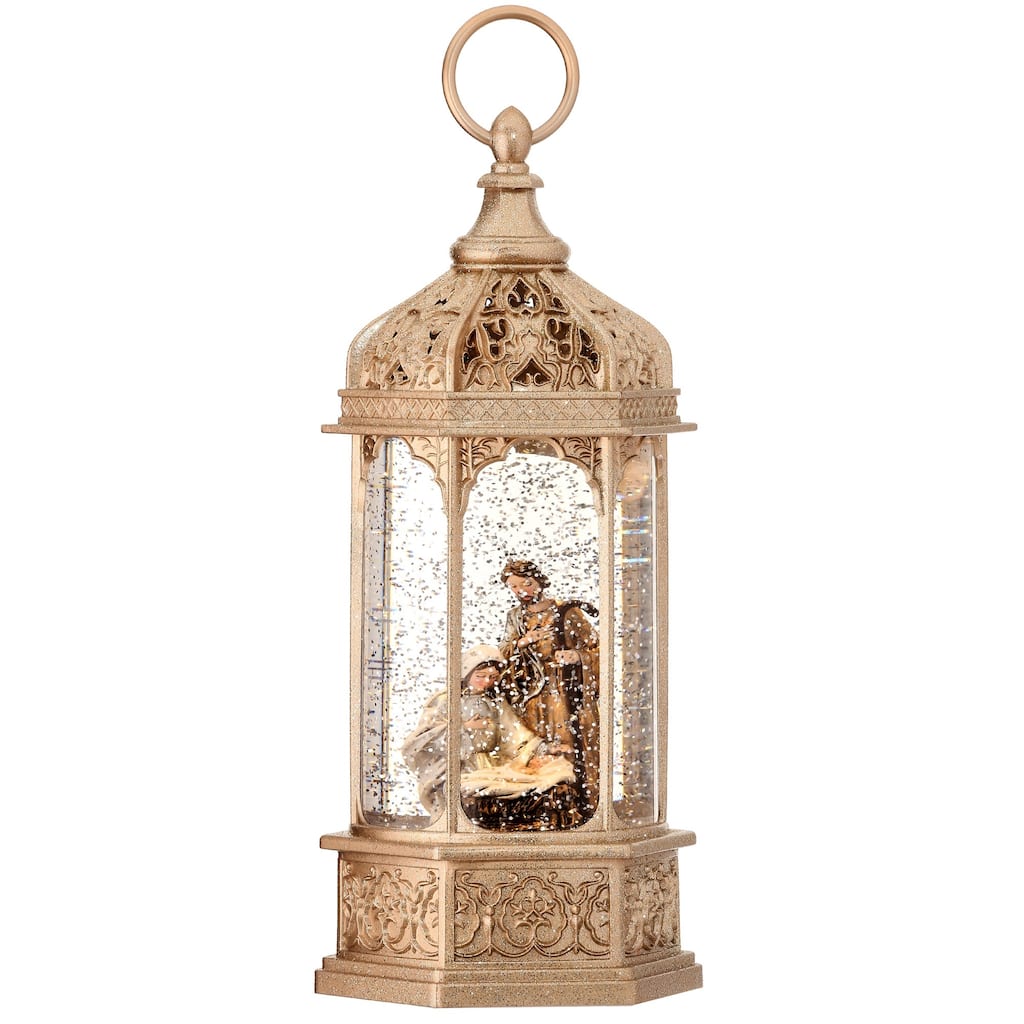 11.5" Gold LED Lighted Nativity Byzantine Lantern Christmas Snow Globe