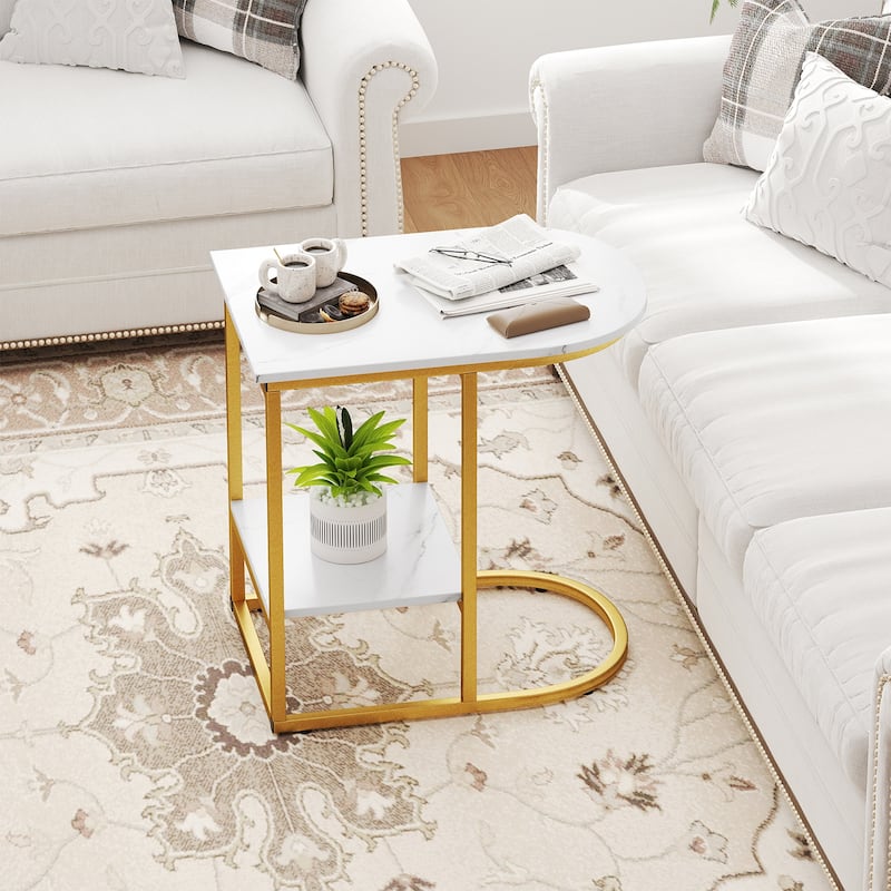 2 Tier Faux Marble C Shaped Bedside End Table with Metal Frame for Living Room Decor or Bedroom - 24" x 16" x 24" - White-Gold