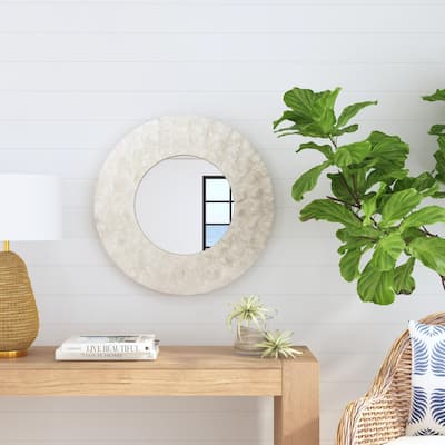 Jemma White Capiz Mosaic Round Wall Mirror by East at Main