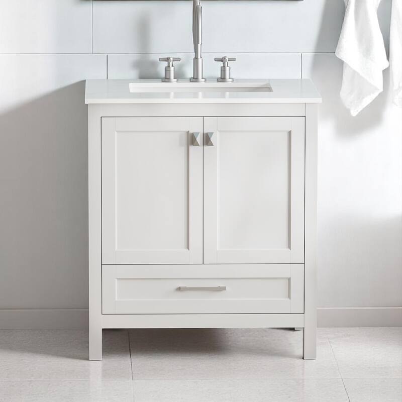 30" Freestanding Bathroom Vanity with Sink, Carrara Engineered Marble Top, Solid Wood Cabinet, Soft Close Doors - White