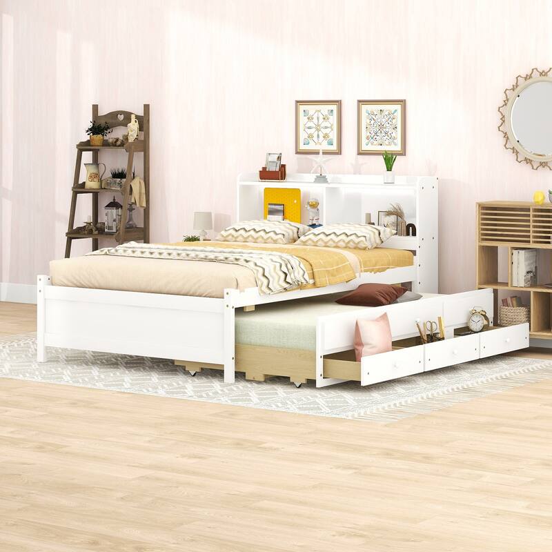 Bed with Builtin USB ,TypeC Ports, LED light, Bookcase Headboard