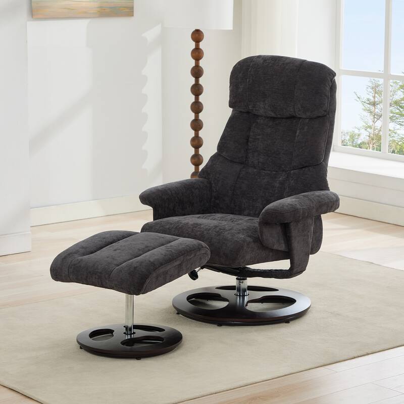 Recliner Chair with Ottoman, Modern 360° Swivel Lounge Chair with Footstool, Chenille Fabric, 5 Point Vibration Massage