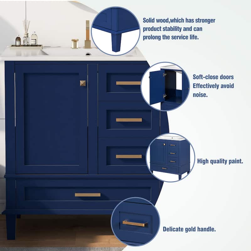 Roomfitters 30" Modern Bathroom Vanity with Sink, Solid Wood Frame, Storage Cabinet with Soft-Close Door and 3 Drawers