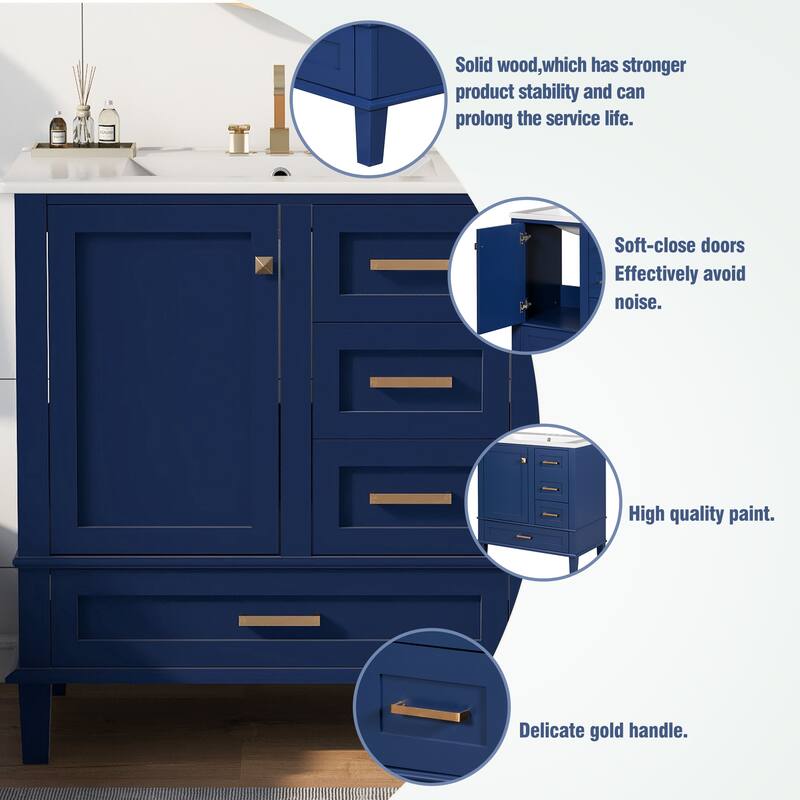 Single Sink Bathroom Vanity Cabinet, Vanity Base & Ceramic Sink Combo Set, 3 Drawers Bathroom Storage Cabinet, 30 Inch