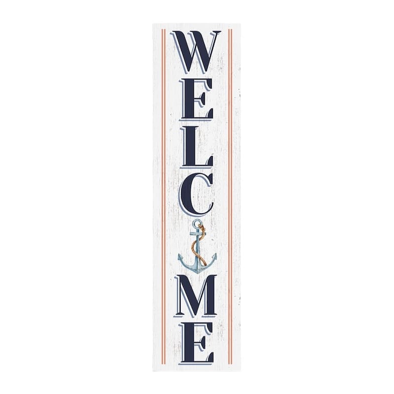 HomeRoots 36" White And Blue Solid Wood Welcome Anchor Porch Sign