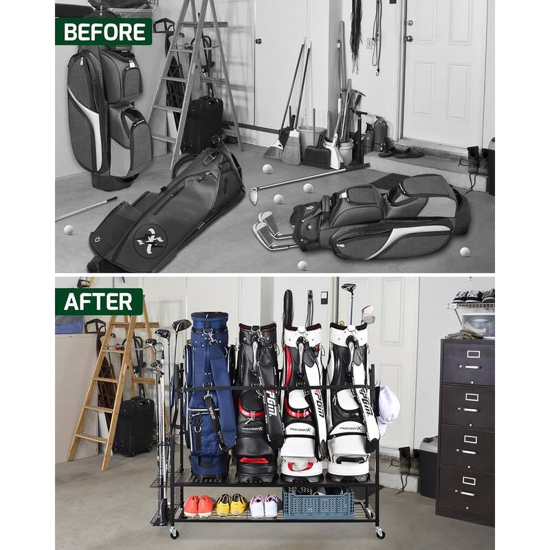 4 Golf Bag Storage Rack Rolling Garage Stand for Clubs and Accessories