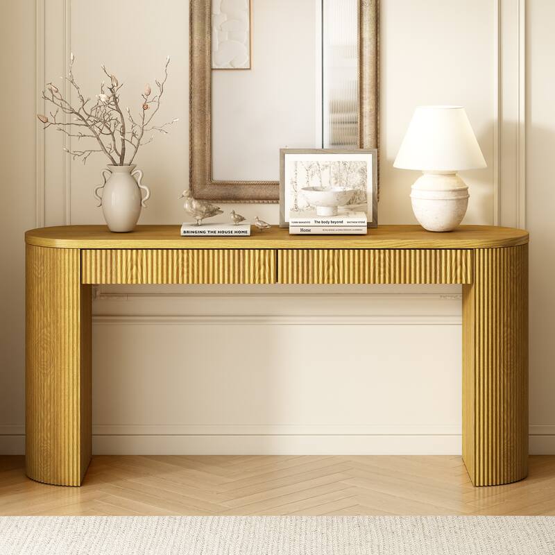 Vintage Pine Veneer Console Table with Vertical Striped Design, 58.2 Inch Entryway Table Living Room Sofa Table with 2 Drawers