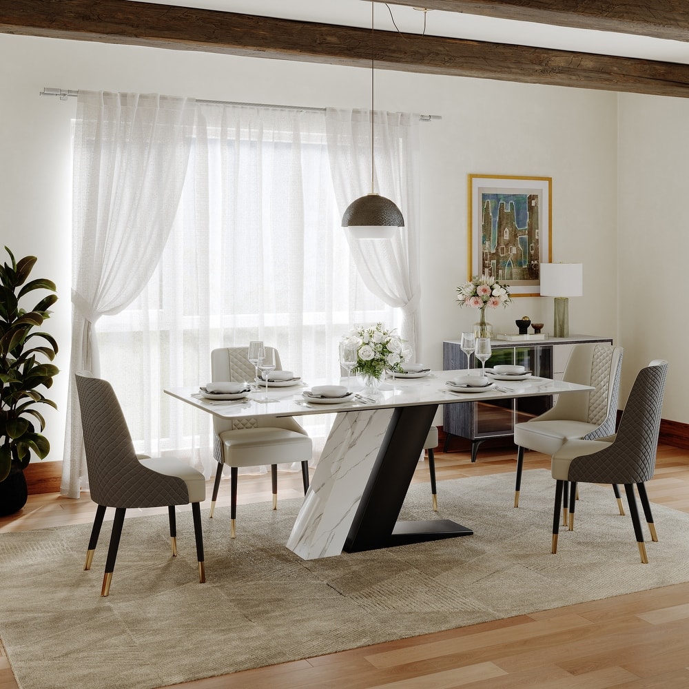 Modern and Luxury White Dining Table, with Rectangular Sintered Stone Tabletop Z-shaped Stainless Steel Base