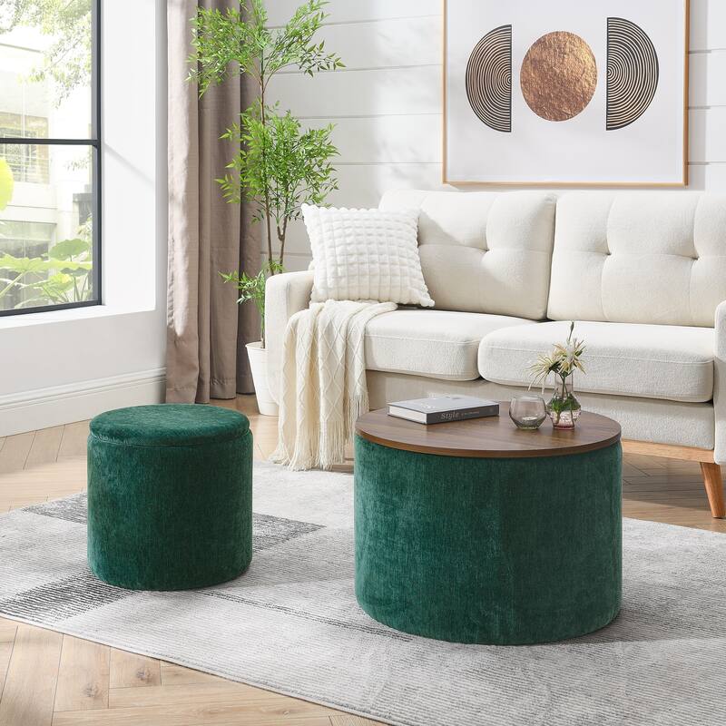 2-Piece Set Round Chenille Storage Ottoman, Equipped with a Drum Shaped Small Stool, Storage Space, and MDF Made Desktop Panel - Dark Green