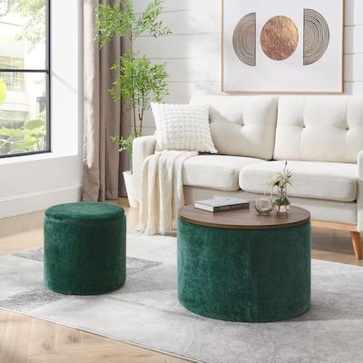 2-Piece Set Round Chenille Storage Ottoman, Equipped with a Drum Shaped Small Stool,Storage Space