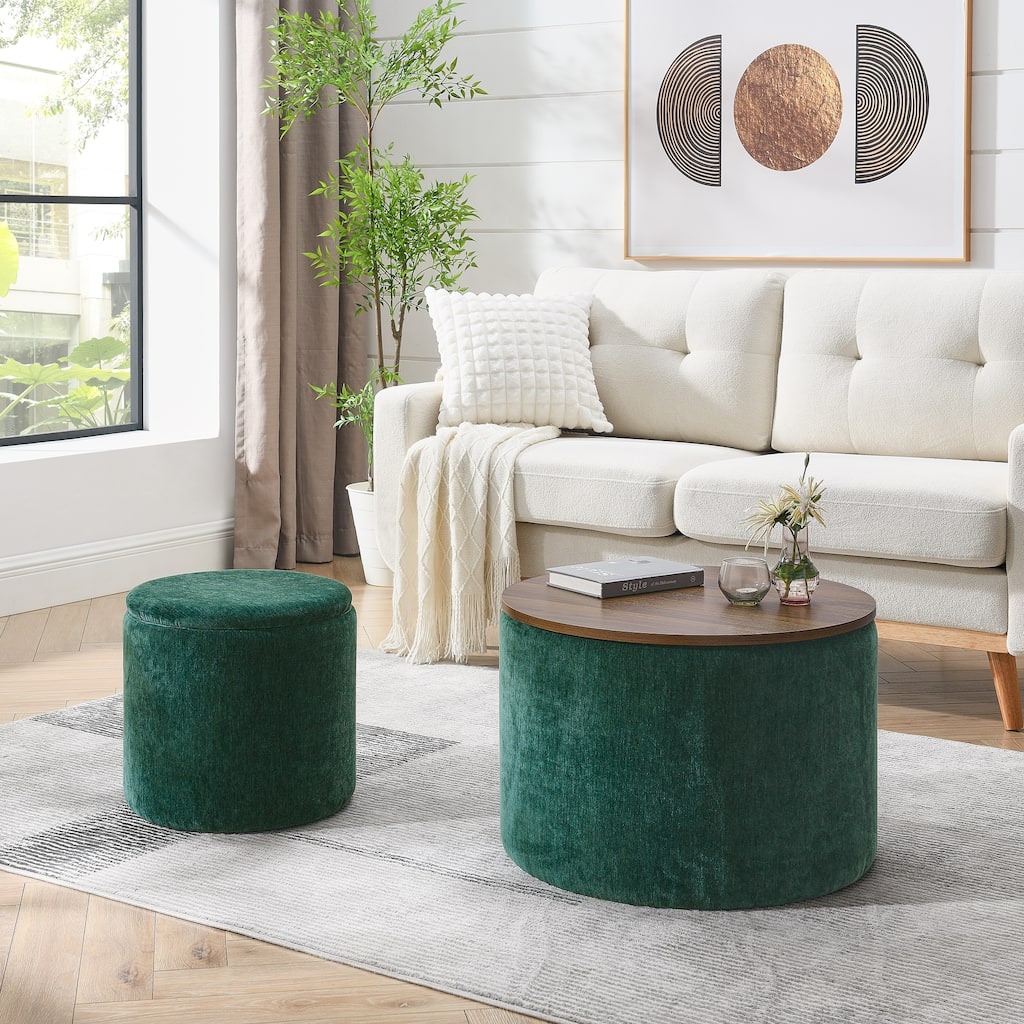 2-Piece Set Round Chenille Storage Ottoman, Equipped with a Drum Shaped Small Stool,Storage Space