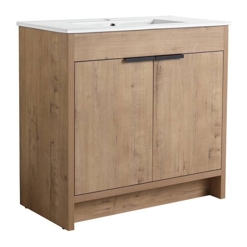 36 Inch Plywood Freestanding Bathroom Vanity Set with Integrated Ceramic Basin and Doors
