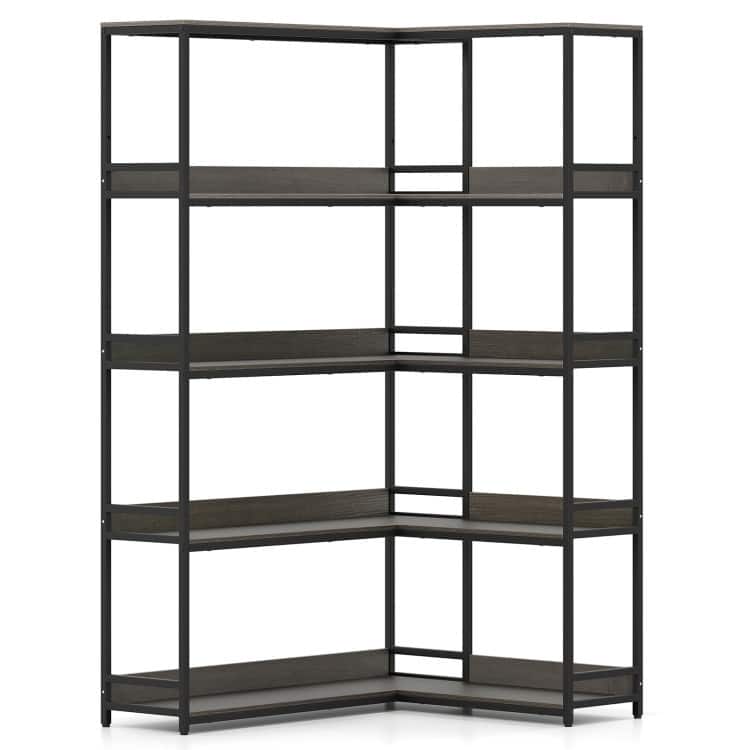 Metal and Wood L-Shaped Bookshelf 5-Tier Corner Shelf with Anti-Tip Kits - 43.5" L x 35" W x 71" H - Oak