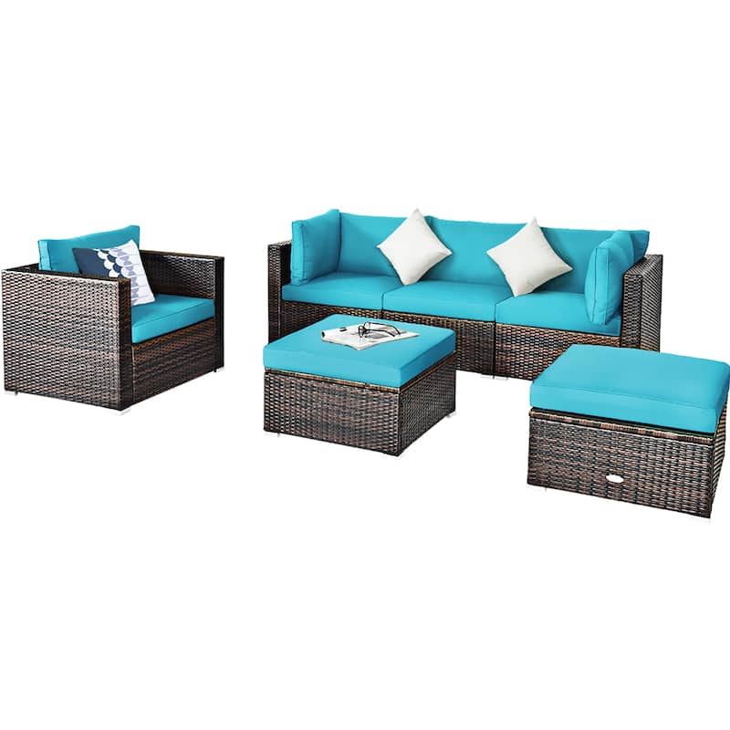 6PCS Patio Rattan Furniture Set Outdoor Conversation Set w/ Cushions - Turquise