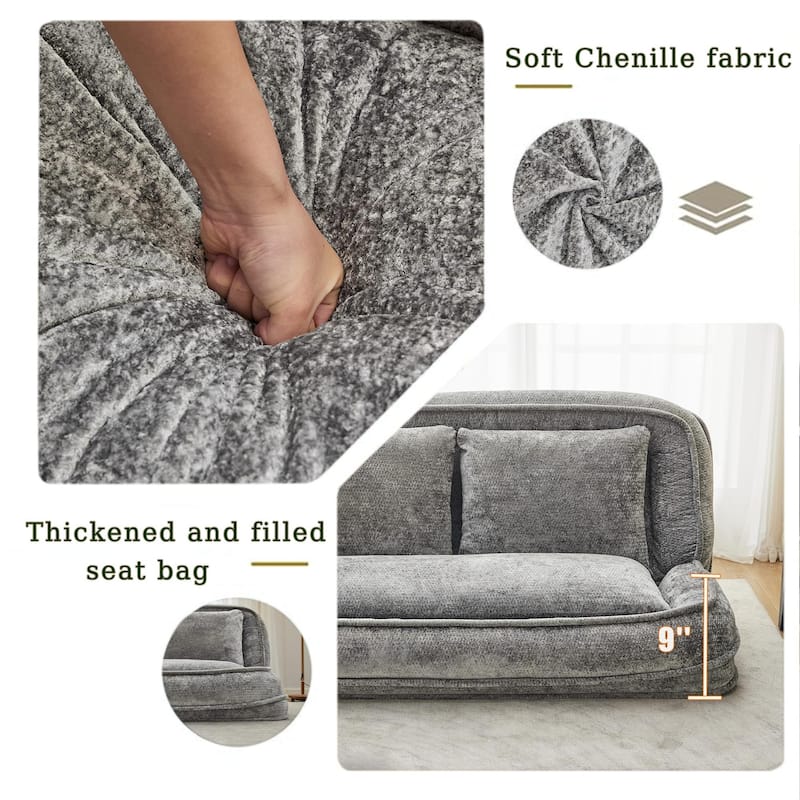 Pet Friendly Lazy Loveseat Sofa 2-in-1 Chenille Floor Couch Double Human Sleeper Bed with 5 Adjustable Position, Plump Pillows