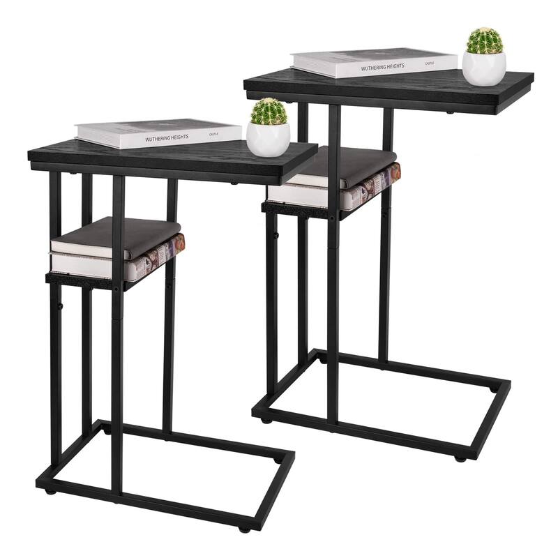 C Table End Table Set of 2,Side Table Living Room,C Shaped Side Table,Couch Tables That Slide Under Couch Table with Metal Frame - Black