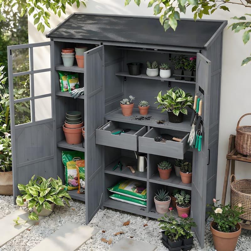 Roomfitters 71.6" Garden Potting Bench with Storage Cabinet, Waterproof Roof Outdoor Potting Table, Shelves, Drawers - Grey