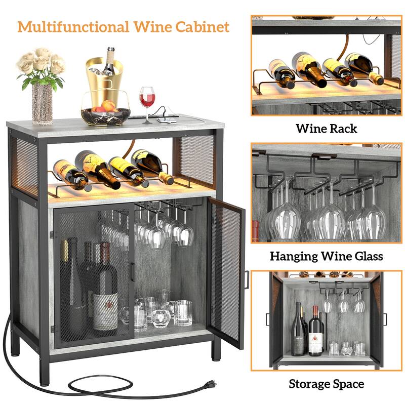 Wine Bar Cabinet with RGB Light and Outlet, Liquor Cabinet with Glass Holder and Wine Rack