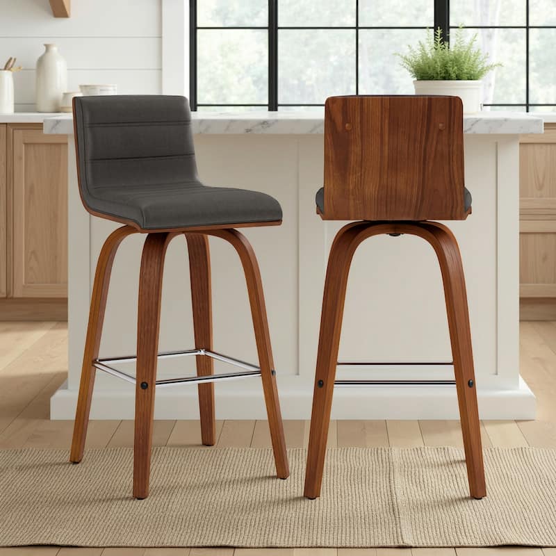 Skara Mid-Century Swivel Counter Stool, Upholstered Counter Height Chair with Bentwood Legs - Grey & Walnut - Set of 2