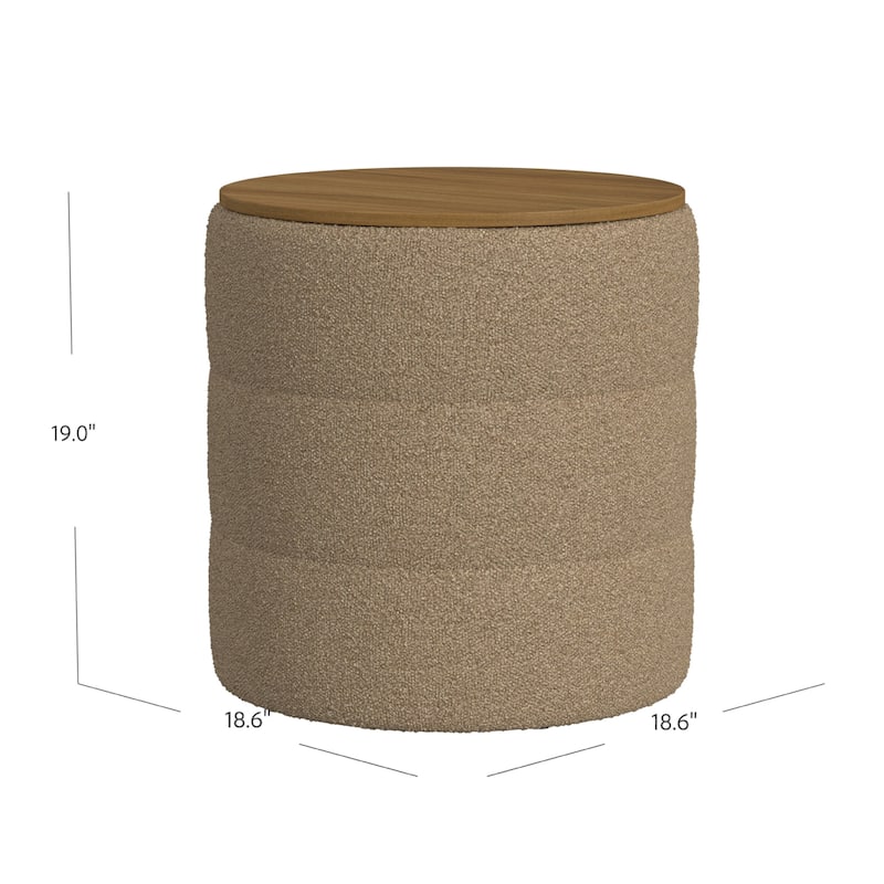 Mona Storage Ottoman, 19 Inch Round Lift Top, Channeled Brown Boucle