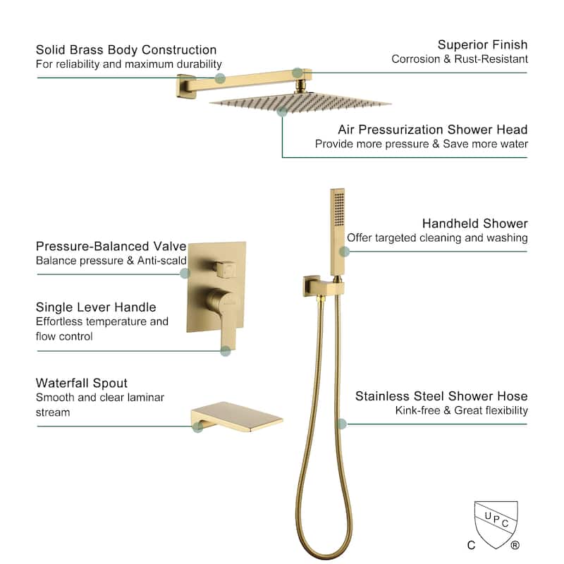 Wall Mount Shower Faucet and Tub Faucet with 10 inch Fixed Shower Head