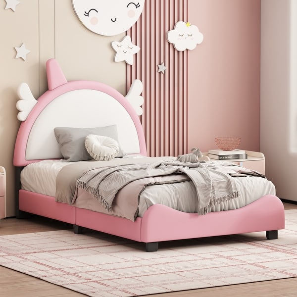 slide 2 of 10, Twin Size Unicorn-Shaped Headboard Platform Bed with Upholstered Design and Sturdy Construction Pink