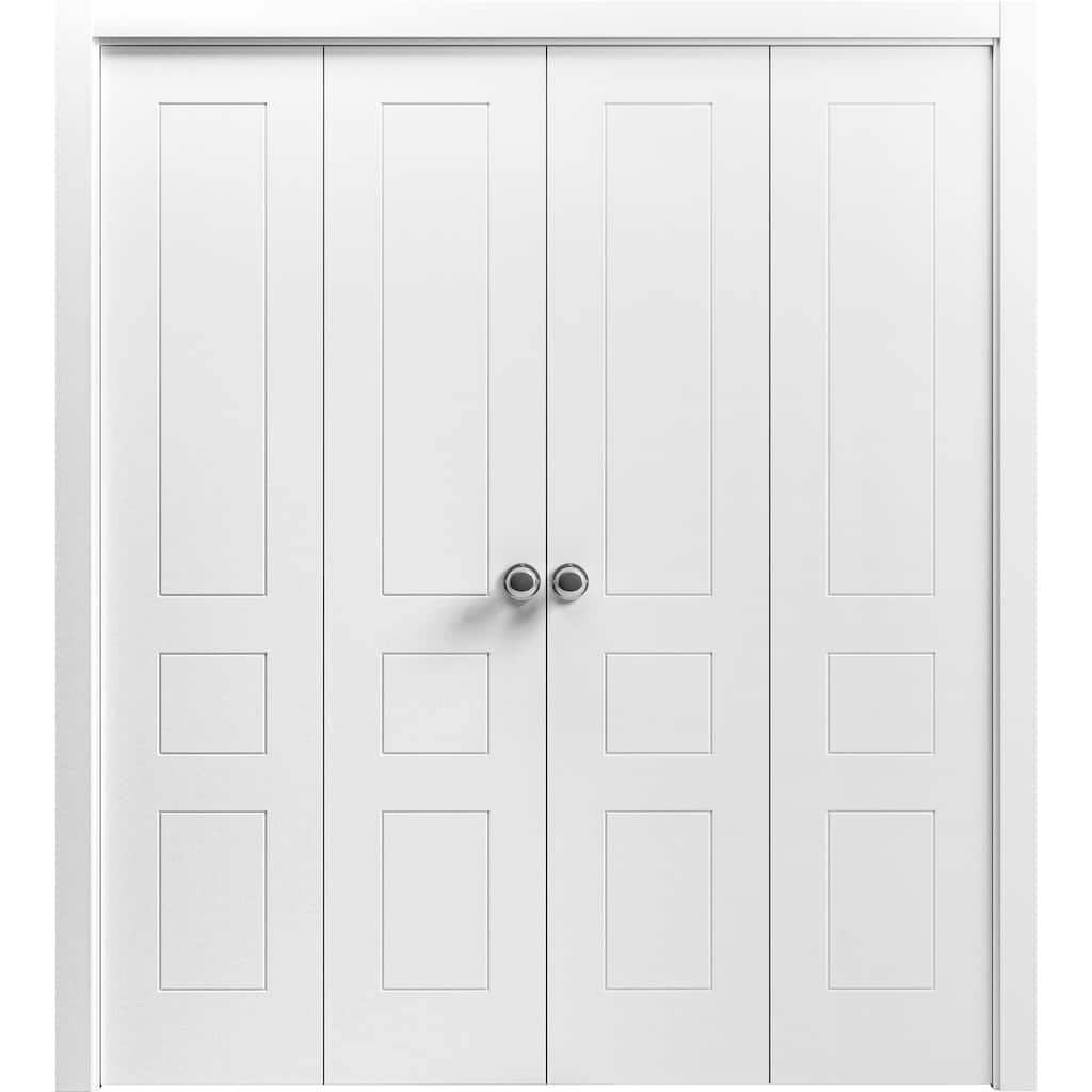 Sliding Closet Double Bi-fold Doors | Mela 0733 Painted White | Sturdy Tracks Moldings Trims | Wood Solid Bedroom Wardrobe