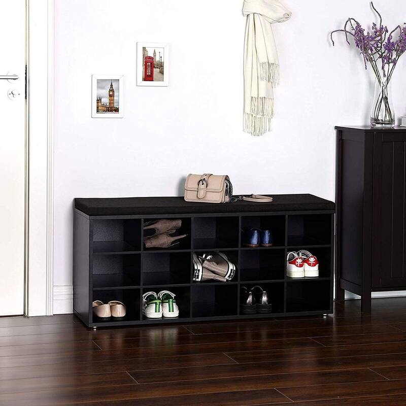 15-Cube Shoe Storage Bench with Cushion Seat and Adjustable Shelves Perfect for Entryway or Living Room