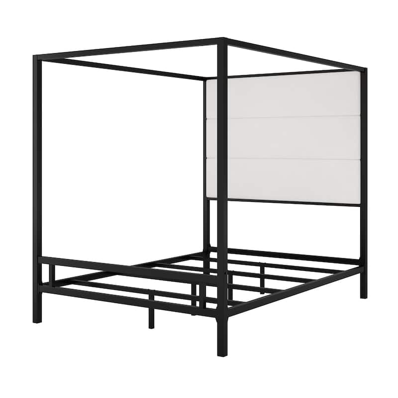 Modern Canopy Bed with Tall Velvet Fabric Upholstered Headboard