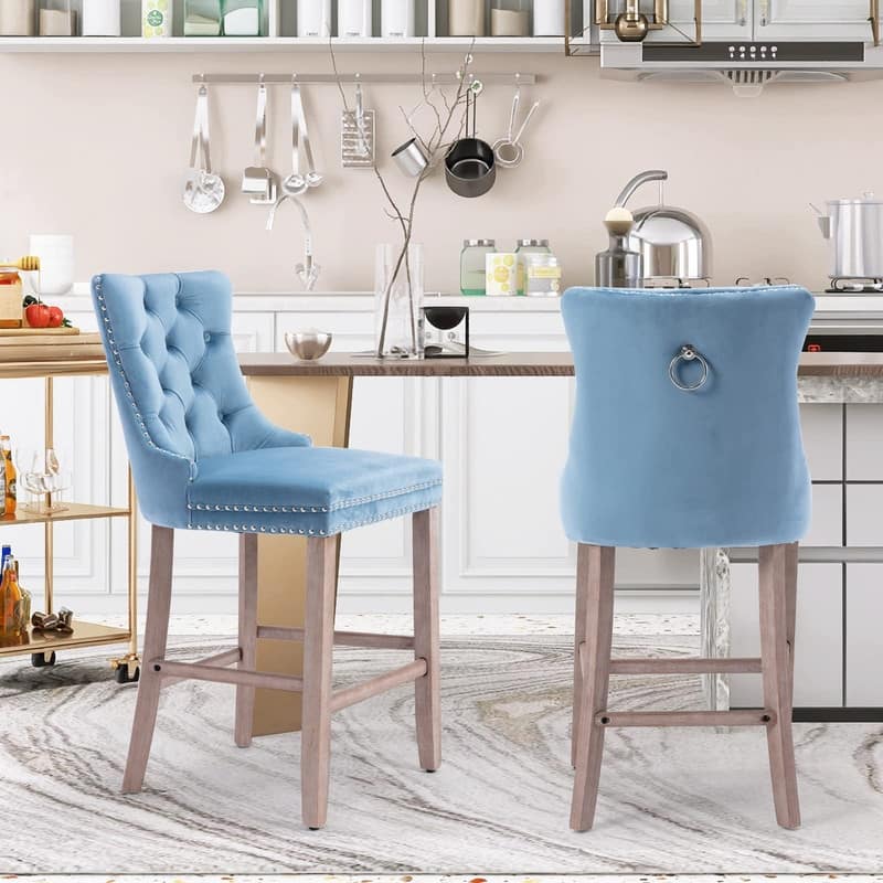 Wing Back Velvet Tufted Nailhead Barstools(Set of 2)