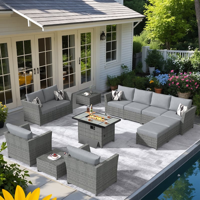 XIZZI 13-piece Patio Furniture Outdoor Wicker Sectional Set with Fire Pit - Dark Grey