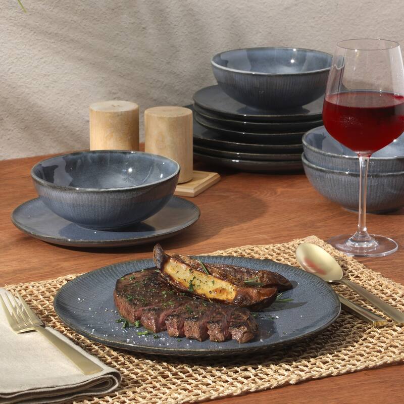 Gibson Elite Sandy Pines Stoneware Plates and Bowls Set - 12 Piece Reactive Glaze Dinnerware Set - Service for 4