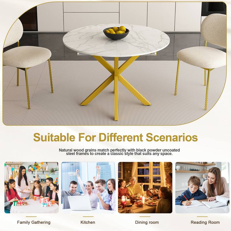 Modern and simple round dining table with extendable blades, carbon steel X-shaped base, sturdy and durable(4-6 people)