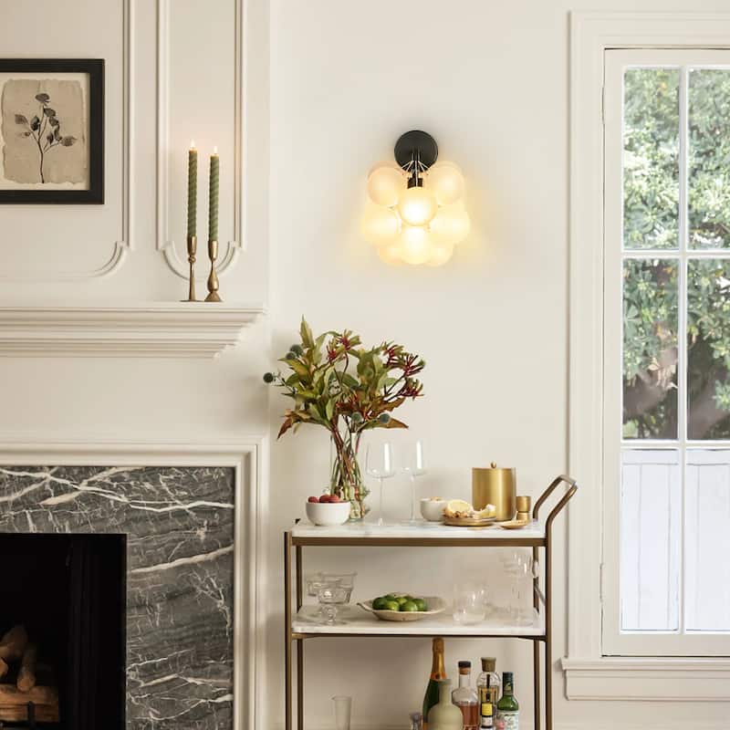 1-Light Modern Glam Dimmable Black Frosted Opal Glass Globe Bubble Wall Light - 11.8 in. W x 11.8 in. H x 14.1 in. D