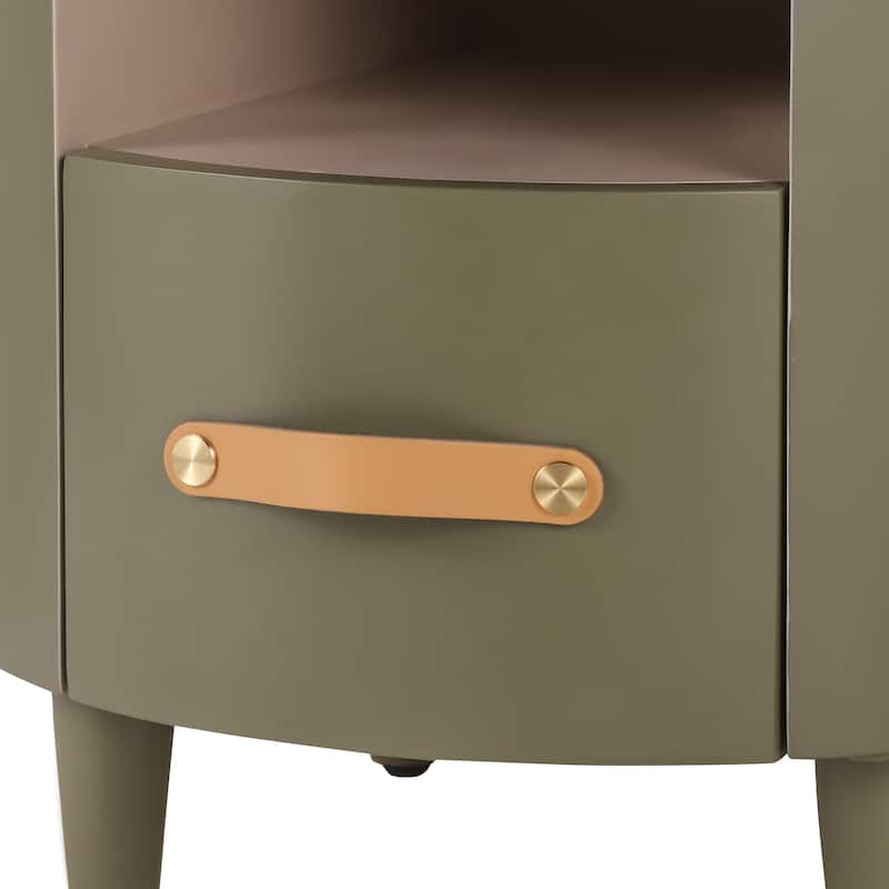 Round Nightstand with Drawer & Open Shelf, Nightstand with Leather Handle & Tapered Legs, Large Capacity Sofa Side Table