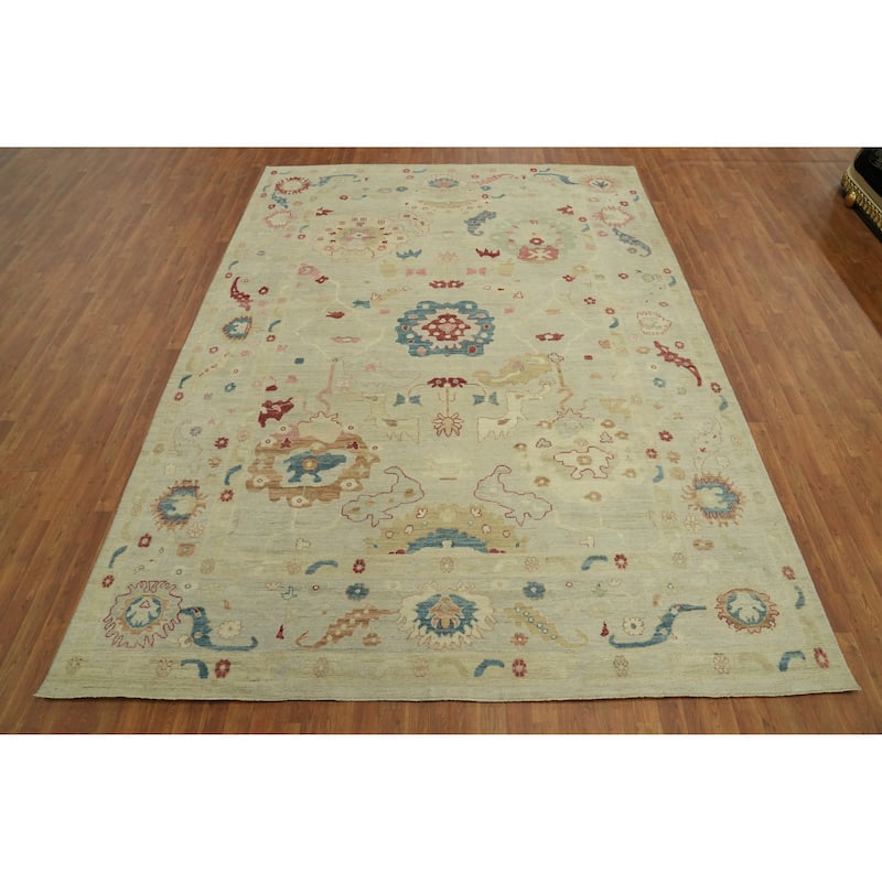 Vegetable Dye Wool Oushak Turkish Area Rug, Floral Geometric Carpet - 12' 2'' X 8' 11''
