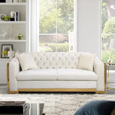 Button Tufted Velvet 3 Seater Sofa Couch with Metal Legs & 2 Pillows for Living Room