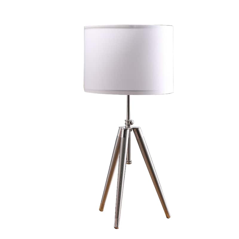 Silver Metal Tripod Table Lamp with White Drum Shade and Cord - 12.5” x 12.5” x 34.25” (D x W x H)