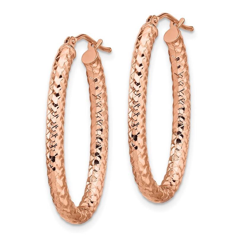 Curata 14k Foreverlite Rose Gold Oval Hinged hoop Polished and Textured Earrings - 32x19mm Wide 3mm Thick