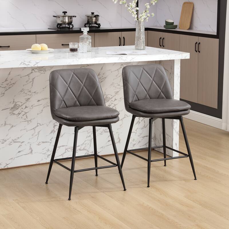 Faux Leather Upholstered Metal Frame Bar or Counter Height Swivel Bar Stools (Set of 2) - Grey - Bar Height