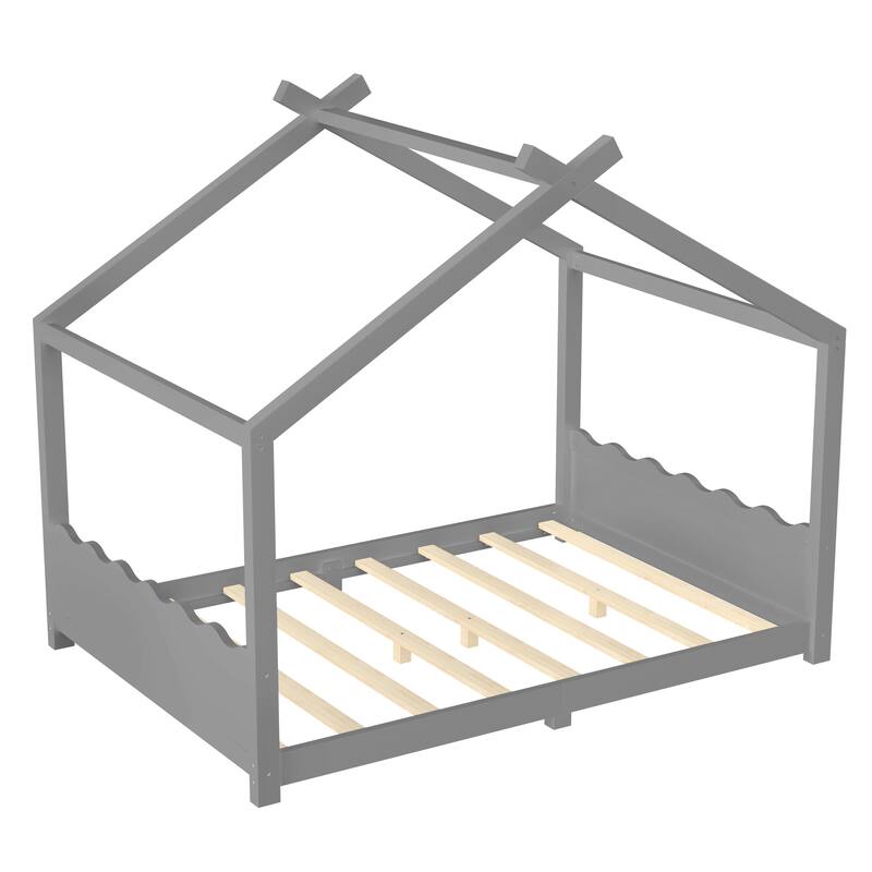 Roomfitters House Floor Bed with Support Slats, Solid Wood Open Frame Design