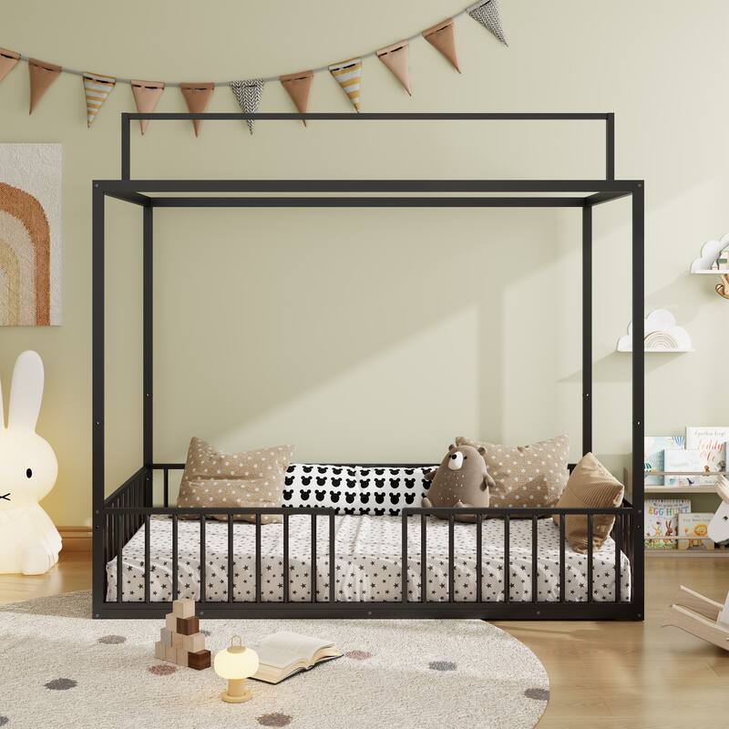3-in-1 Convertible Metal Bed for Kids, Toddler Floor Bed, Fenced Bed and Montessori Elevated Bed with House-shaped Frame